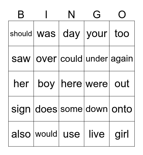 red words Bingo Card