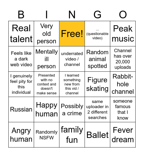 YouTube bins Bingo Card