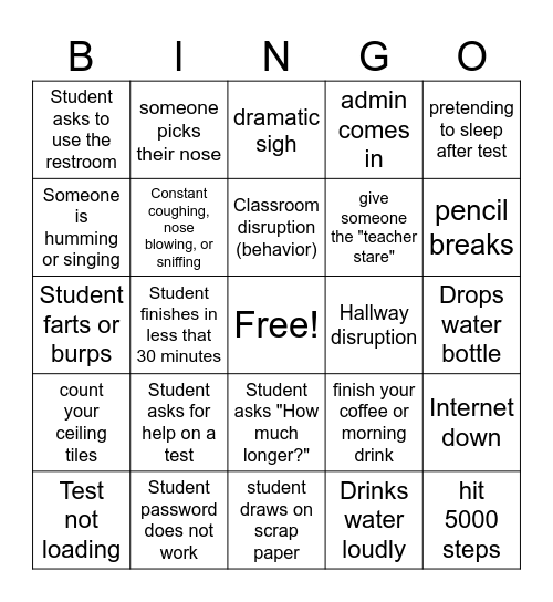 State Testing Bingo Card