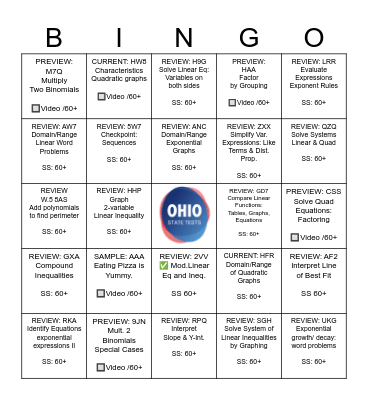 Algebra 1 OST Test Prep BINGO!       #1 Bingo Card