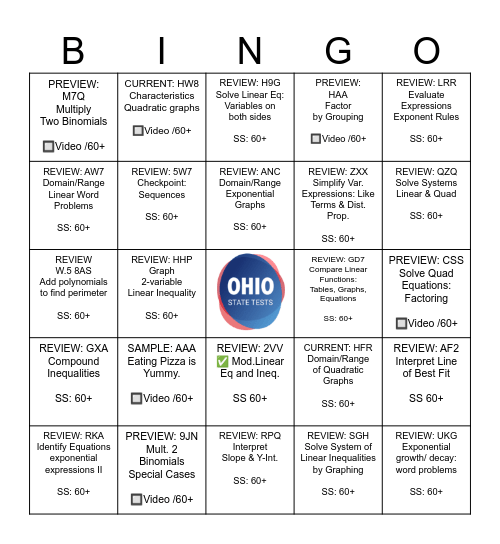 Algebra 1 OST Test Prep BINGO!       #1 Bingo Card