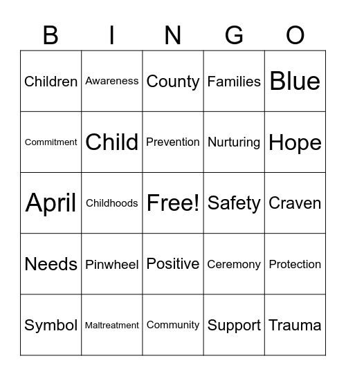 Child Abuse Prevention Bingo Card