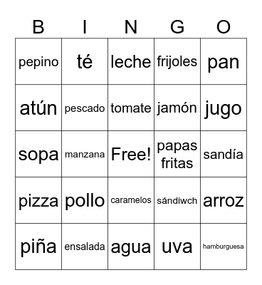 Comida Bingo Card