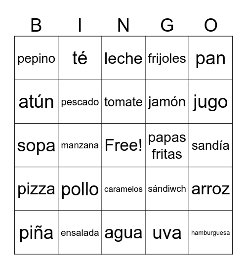 Comida Bingo Card