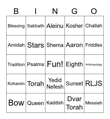 Fun Shabbat Bingo Card