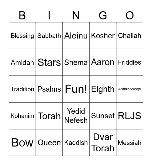 Fun Shabbat Bingo Card