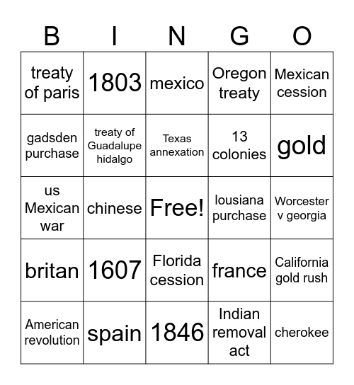 history Bingo Card