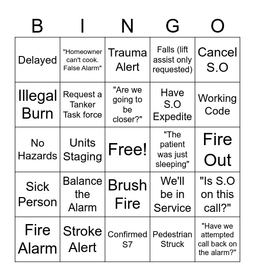Fire Dispatch Bingo Card