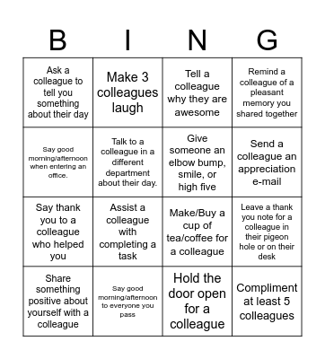 Workplace Random Acts of Kindness Bingo Card