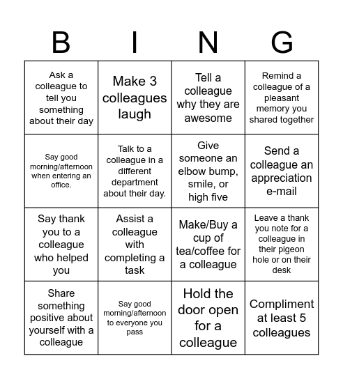 Workplace Random Acts of Kindness Bingo Card