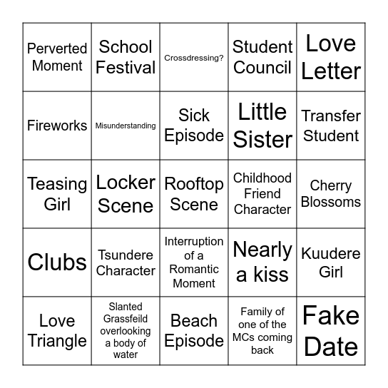 ROMANCE SLOP Bingo Card