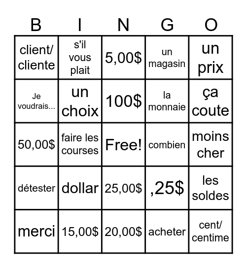 L'argent et Faire du Shopping Bingo Card