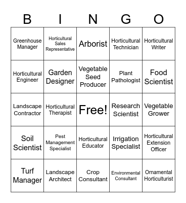 Horticultural Careers Bingo Card
