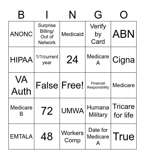 Patient Access Bingo Card