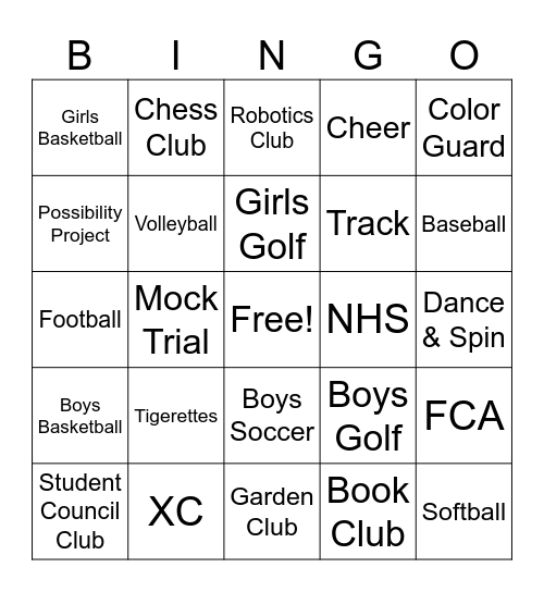 Club & Activities Fair Bingo Card