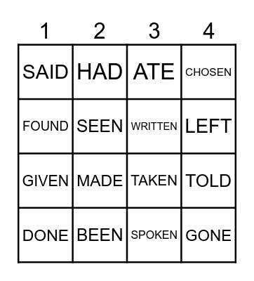 IRREGULAR VERBS Bingo Card