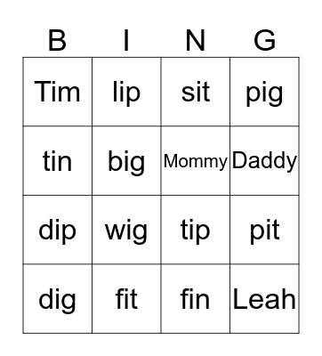 SHORT I WORDS Bingo Card