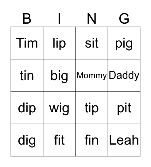 SHORT I WORDS Bingo Card