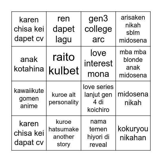 haniwa bingo Card