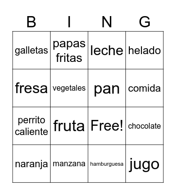 Spanish Foods Bingo Card