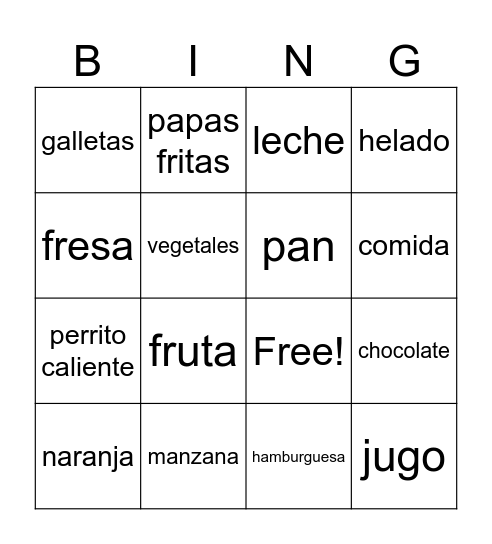Spanish Foods Bingo Card