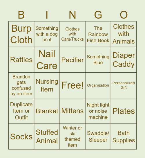Baby Shower Gift Bingo Card