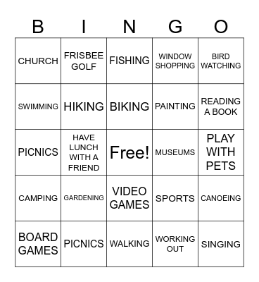 Leisure Activities Bingo Card