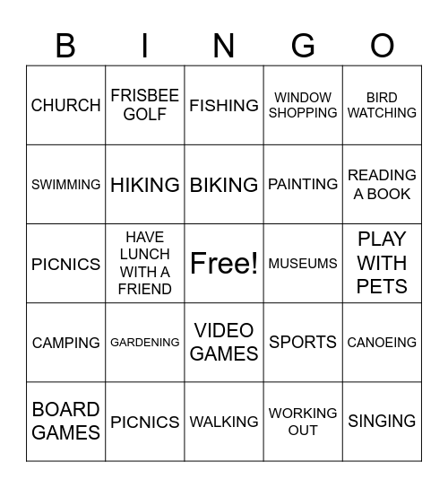 Leisure Activities Bingo Card