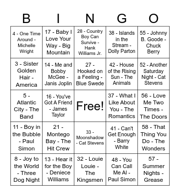 If I Could Turn Back Time Bingo Card