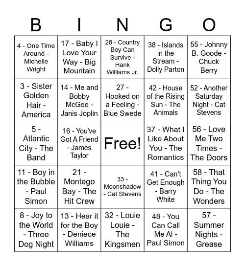 If I Could Turn Back Time Bingo Card