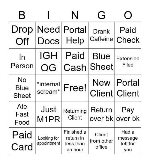 Tax End Bingo Card
