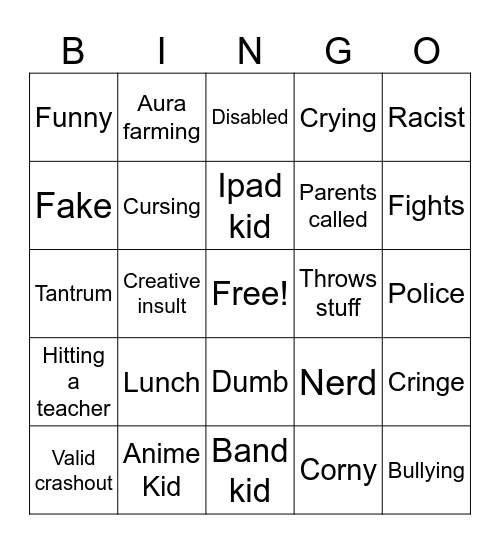School crashout Bingo Card