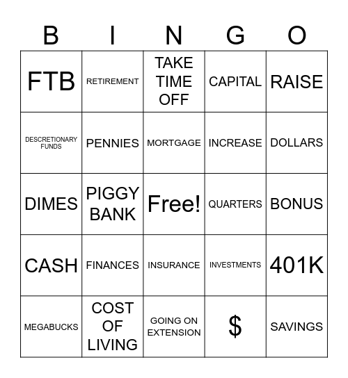 Money Management Bingo Card