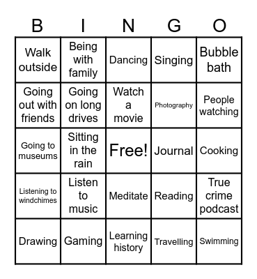 Self Care Bingo Card