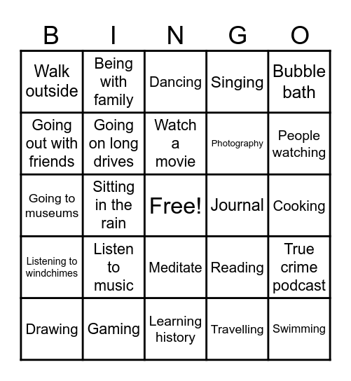 Self Care Bingo Card