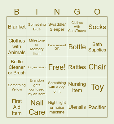 Baby Shower Gift Bingo Card
