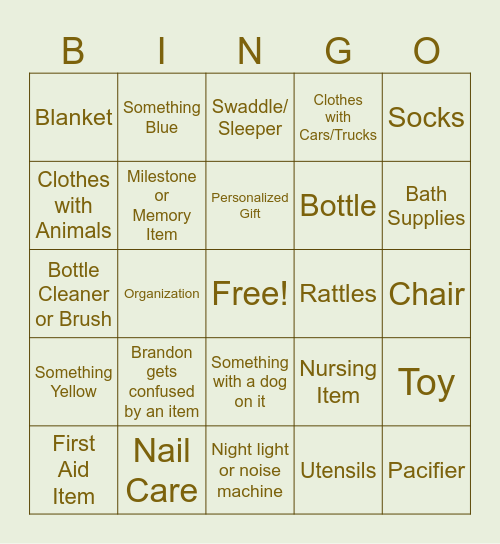 Baby Shower Gift Bingo Card