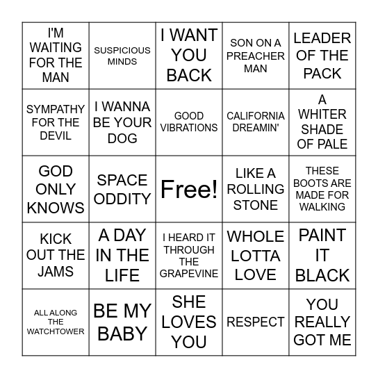 1960's Hits Bingo Card