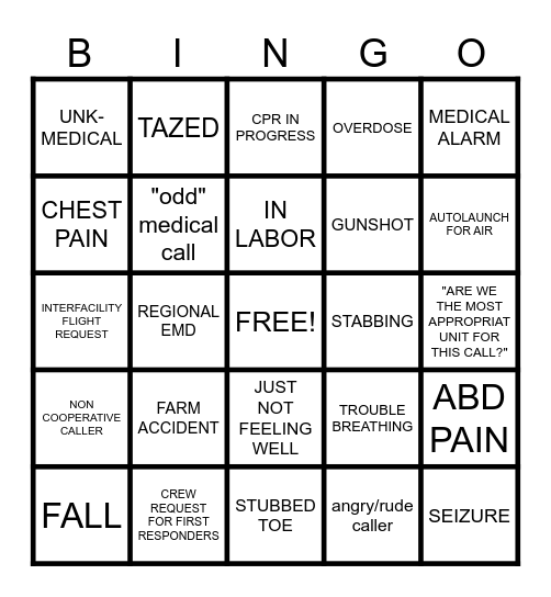 911 dispatcher Bingo Card