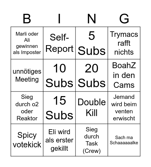 Among Us Bruchparty Bingo Card