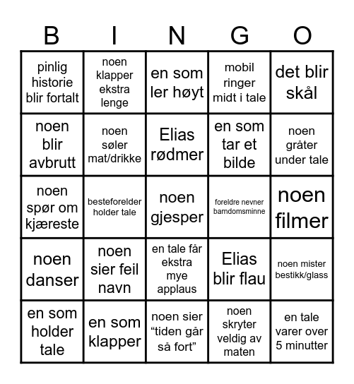Elias sin konfirmasjon – spesialutgave Bingo Card