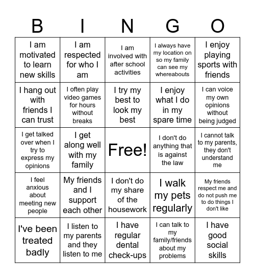 Wellbeing Bingo Game Bingo Card
