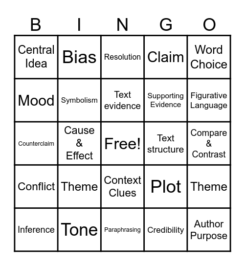 English 10 - Bingo 4 Bingo Card