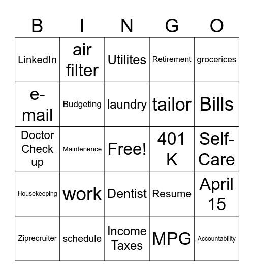Adulting Bingo Card