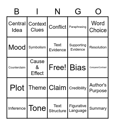 English 10 - Bingo 9 Bingo Card