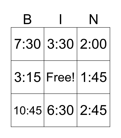 Telling Time Bingo Card