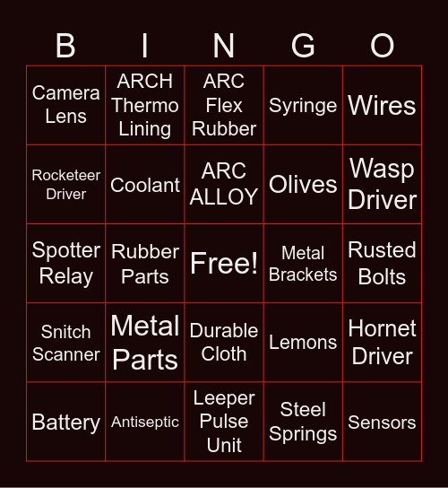 ARC Raiders BINGO Card