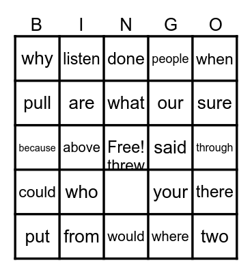 Tricky Word Bingo Card