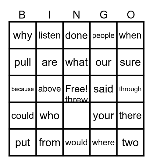 Tricky Word Bingo Card
