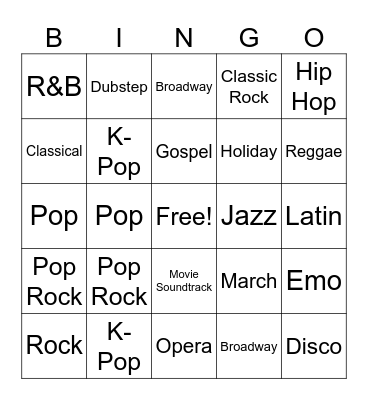 Music Genre Bingo Card